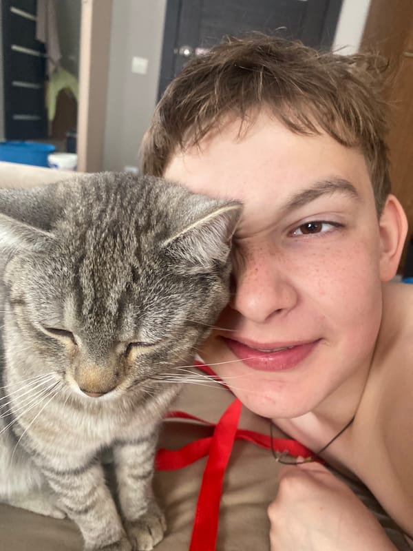 Young person shares quiet moment with gray tabby cat