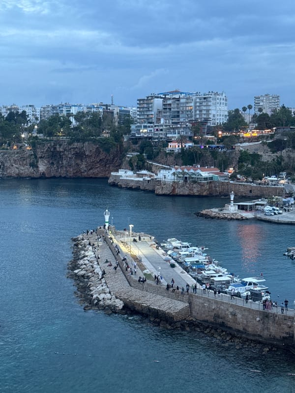 Evening scenes documented around Antalya harbor and coastline