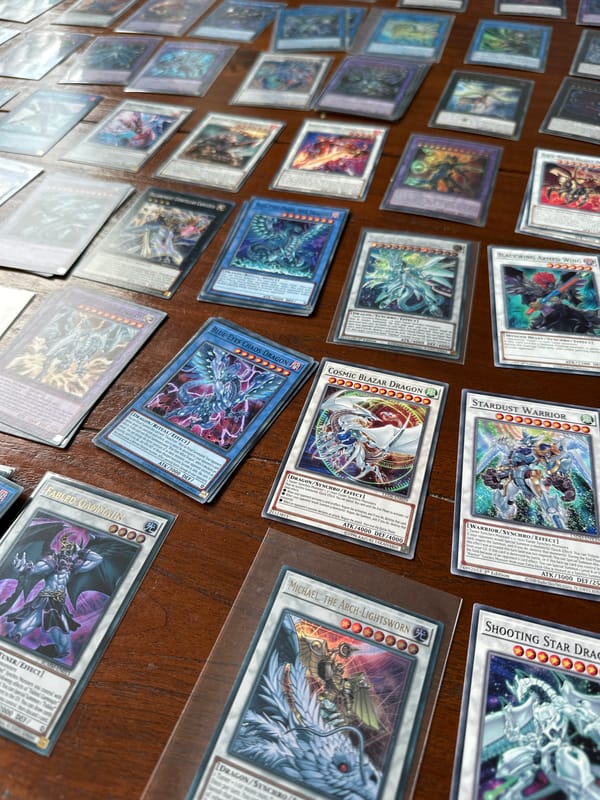 Yu-Gi-Oh trading cards collection displayed on Amsterdam table