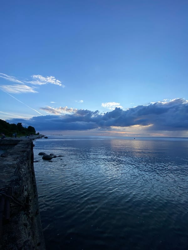 Dusk on the Gulf of Finland, crumbling shore, paddlers on the water