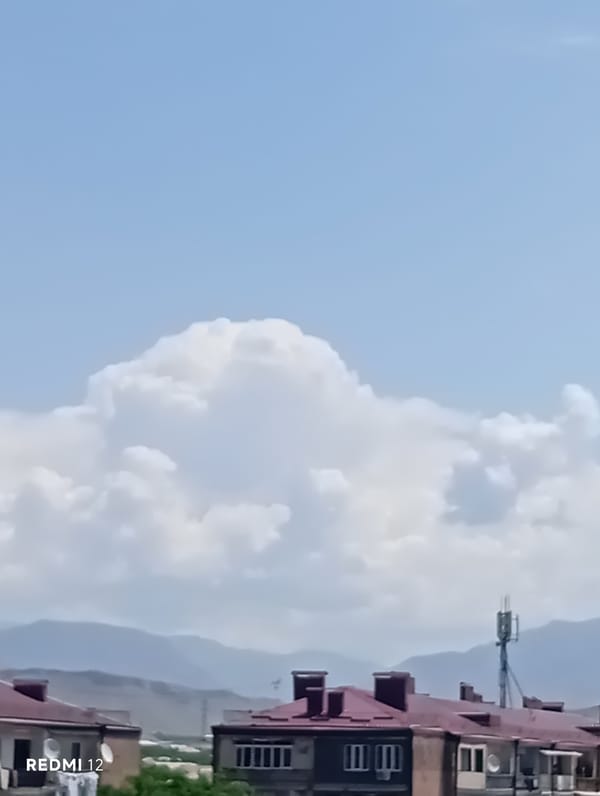Suburban red-roofed buildings observed under blue sky with clouds