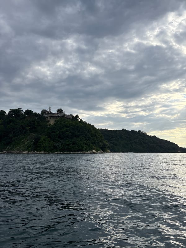 Lighthouse on a wooded coastal hill, multiple angles