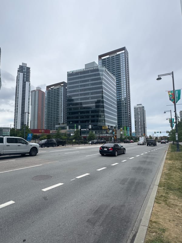 Street-level look at Surrey's urban core on a grey afternoon