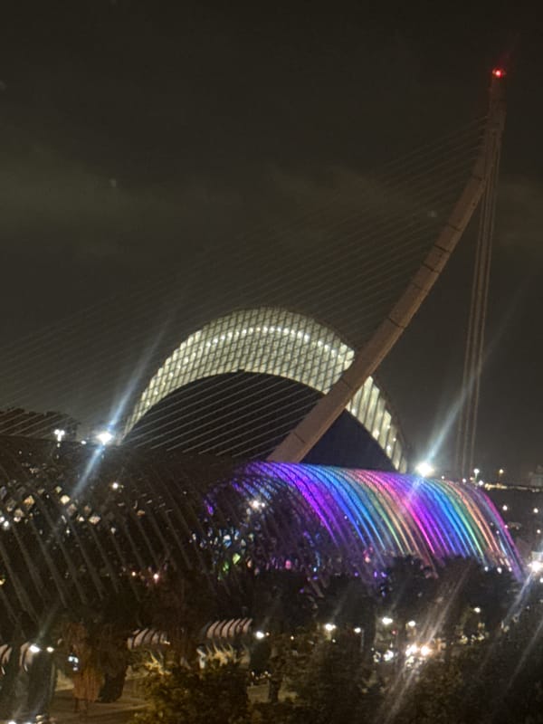 City of Arts and Sciences lit up late at night in Valencia