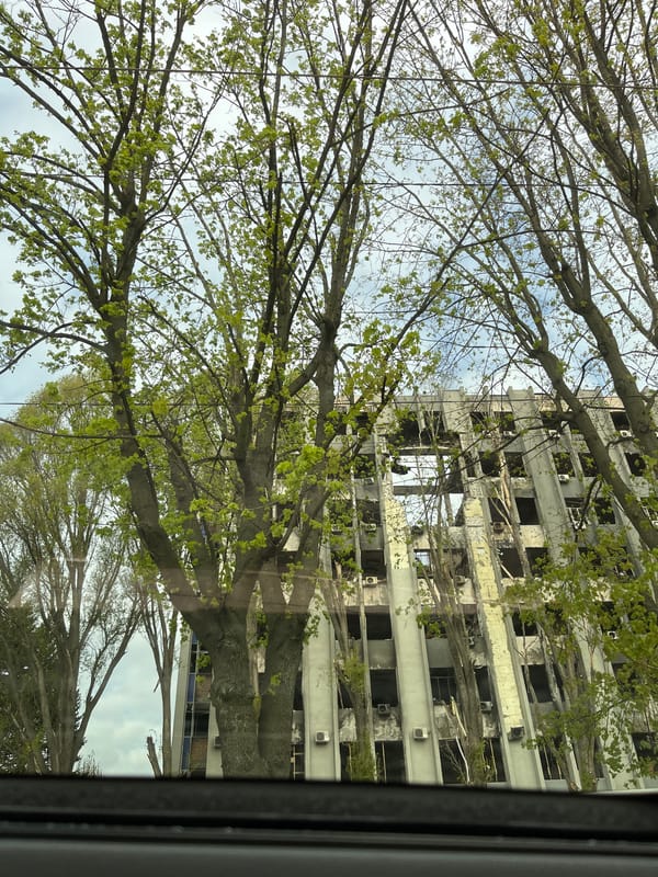 Damaged building observed through spring foliage in Dnipro, Ukraine