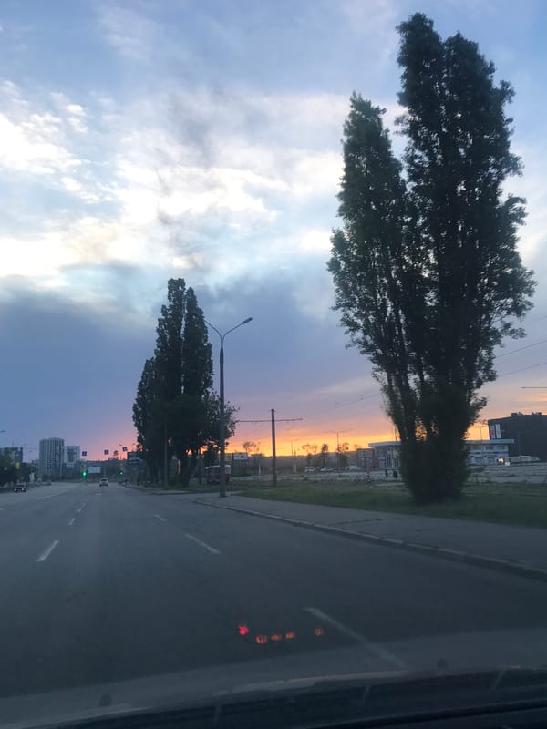 Sunset street scene captured in Kharkiv, Ukraine