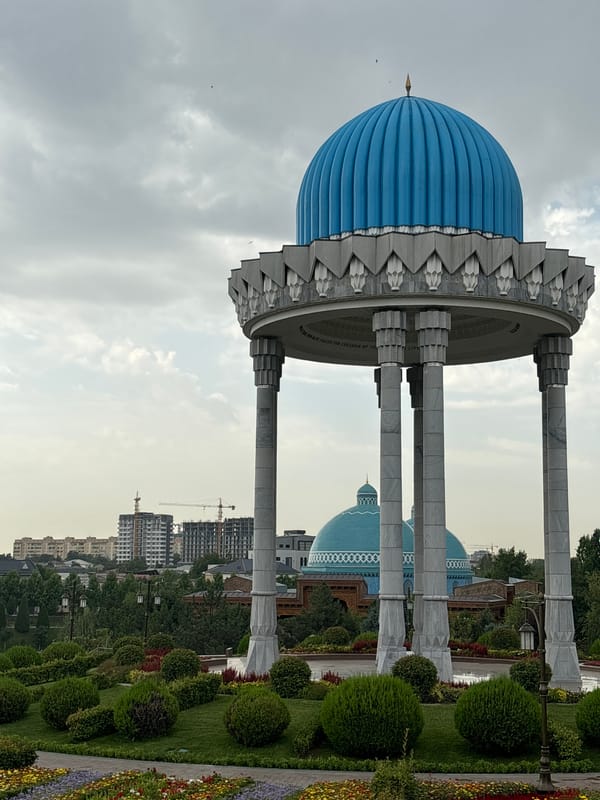 Tashkent's monuments, parks, and street-level details on a cloudy morning