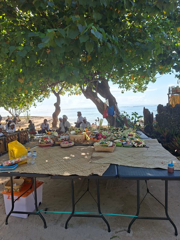 Hindu ceremony held on Denpasar coast with traditional offerings