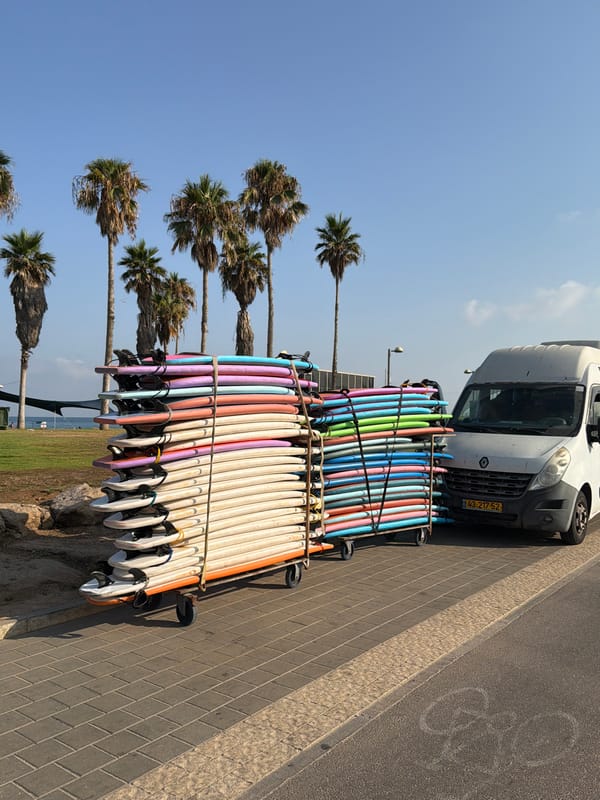 Surfboards being loaded up on a Tel Aviv beach morning
