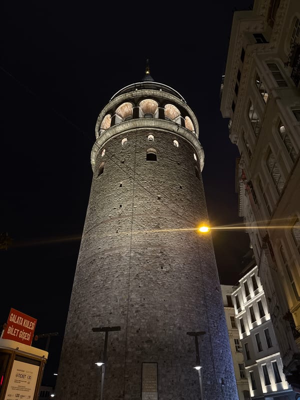 Nighttime scenes captured around illuminated Galata Tower in Beyoğlu