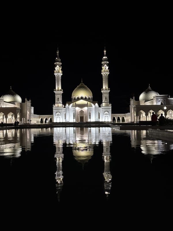 Night visit to Bolgar's White Mosque, architecture and reflections
