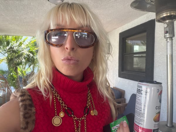 Woman photographed on patio in Palm Desert evening