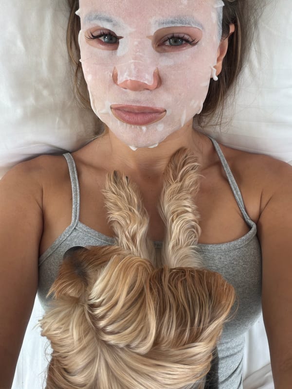 Sheet mask morning with a very involved Yorkshire Terrier