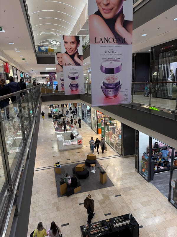 Shopping mall interior displays documented in Sofia, Bulgaria