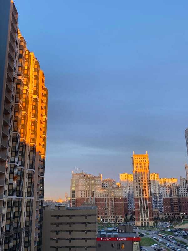 Golden hour evening documented across Saint Petersburg residential district
