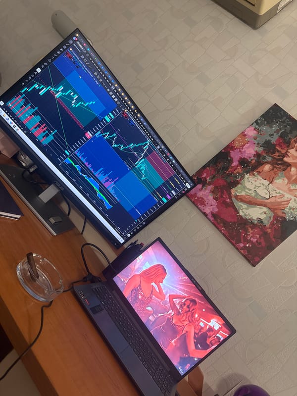 Dual-screen crypto trading workspace observed in Sveti Vlas, Bulgaria