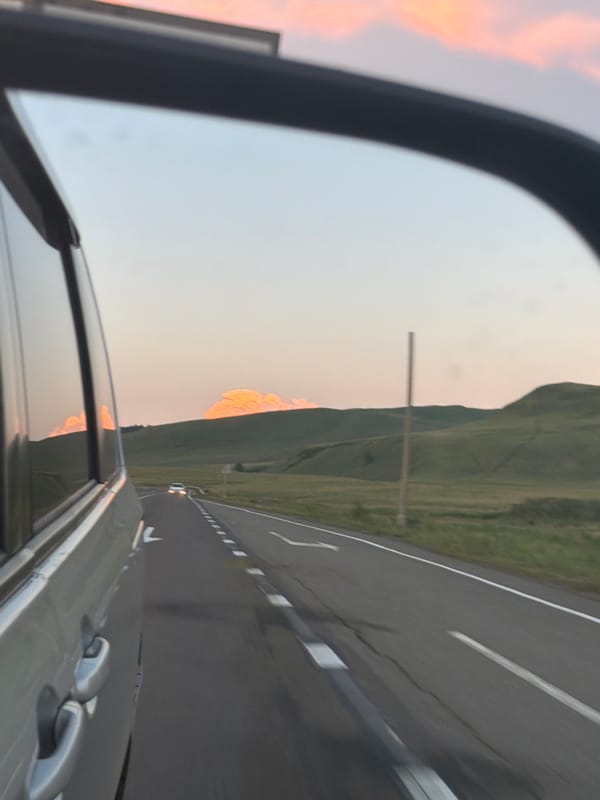 Driving through Siberian steppe at twilight near Сарагаш