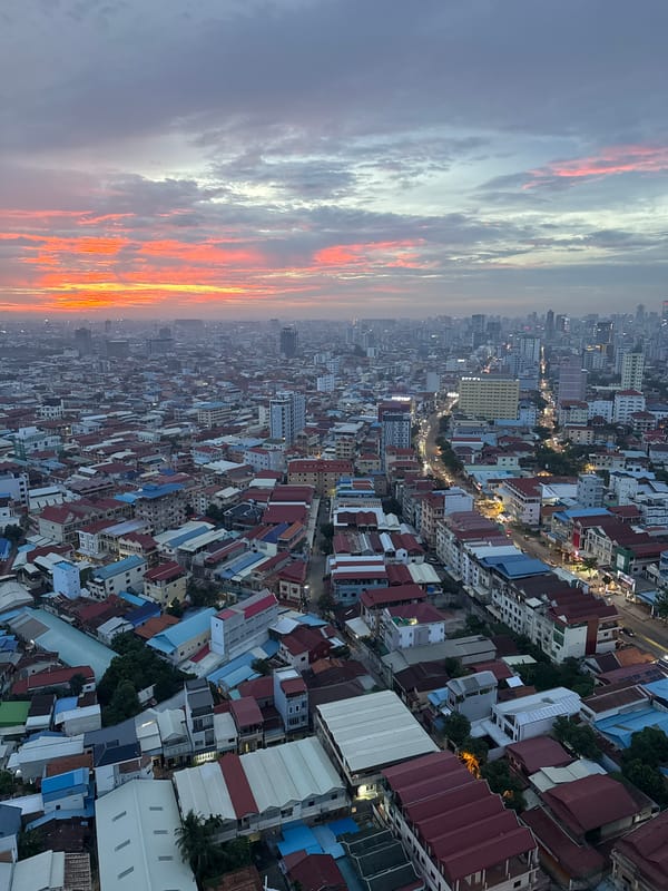 Aerial views over Khan Mean Chey at golden hour