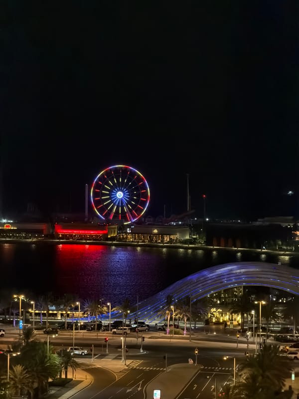 Evening cityscape observations document illuminated Lusail waterfront and Ferris wheel