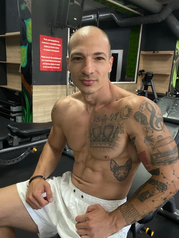 Tattooed gym figure, two looks, Pleven Bulgaria