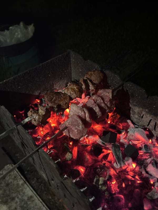 Friends gather for nighttime barbecue and photos outdoors