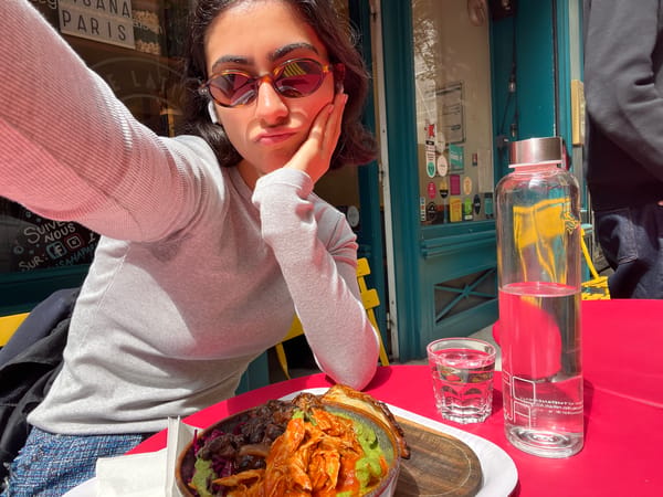 Diner documents meal at Paris cafe with selfie