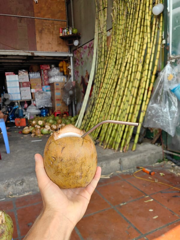 Man enjoys fresh coconut breakfast in Vietnamese ward