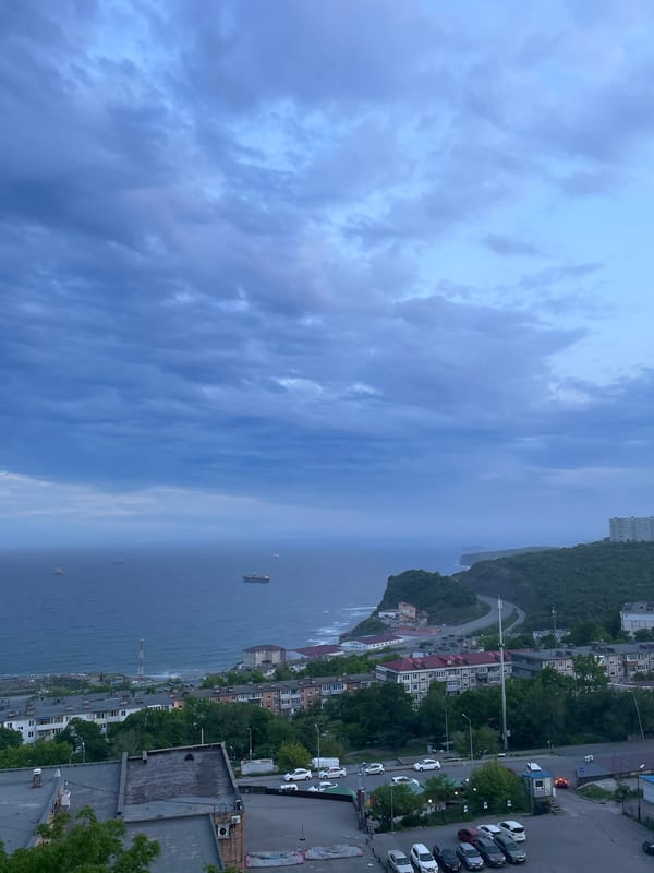 Overcast skies blanket Vladivostok's coastal panorama during morning hours