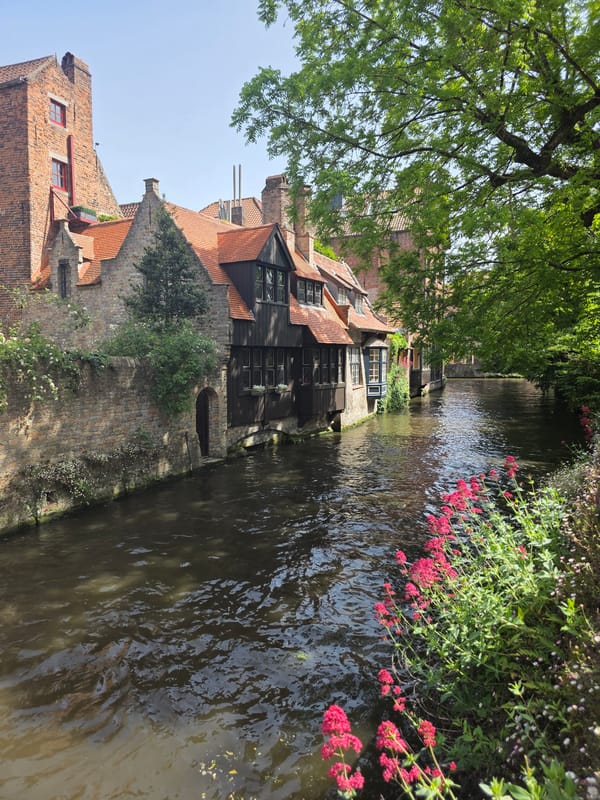 Canal scene documented in historic Bruges, Belgium