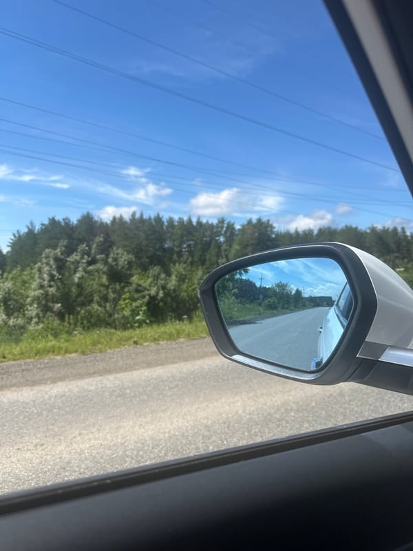 Cruising a dirt road through sunny rural woodland