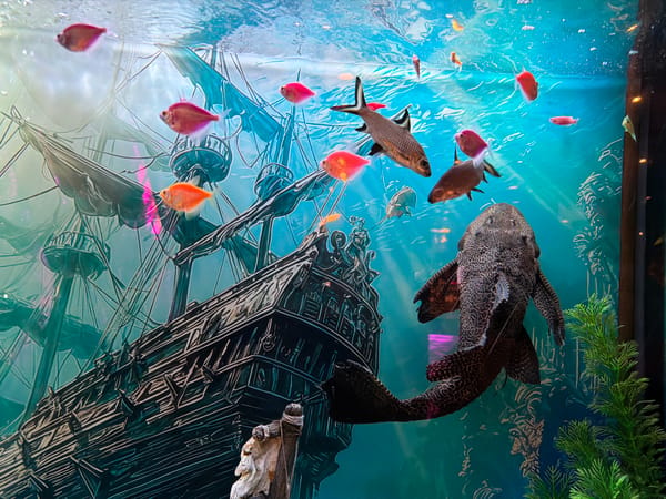 Evening dining experience documented at aquarium-featured restaurant in Plovdiv