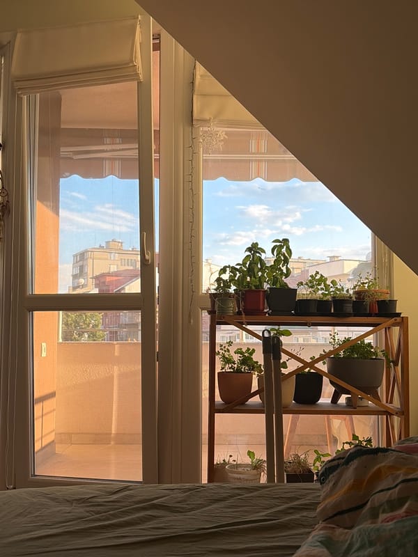 Sunlit bedroom with green bedding and city window view