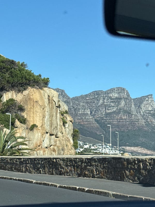 Table Mountain photographed from vehicle in Cape Town