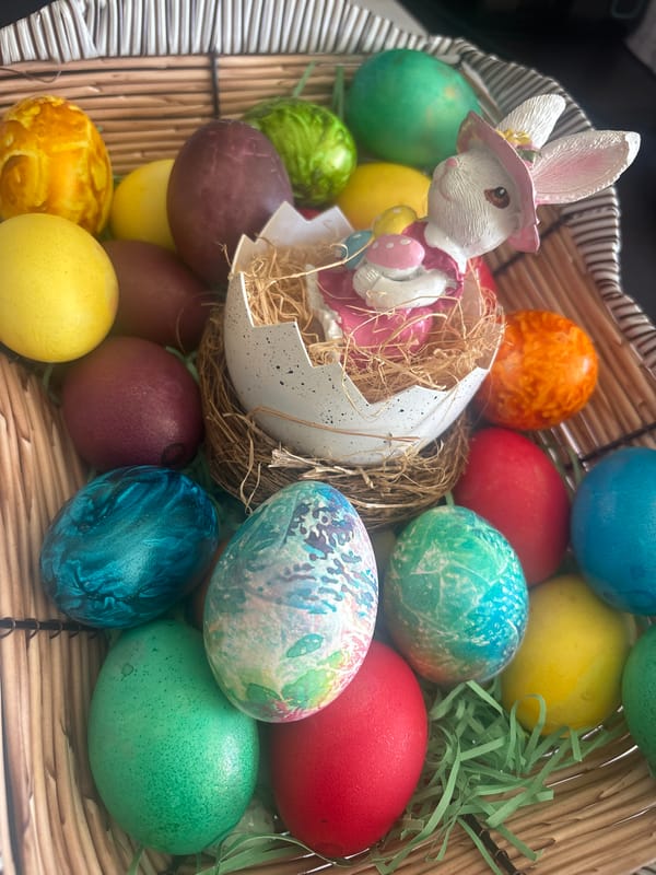 Easter basket with colored eggs spotted in Pomorie, Bulgaria