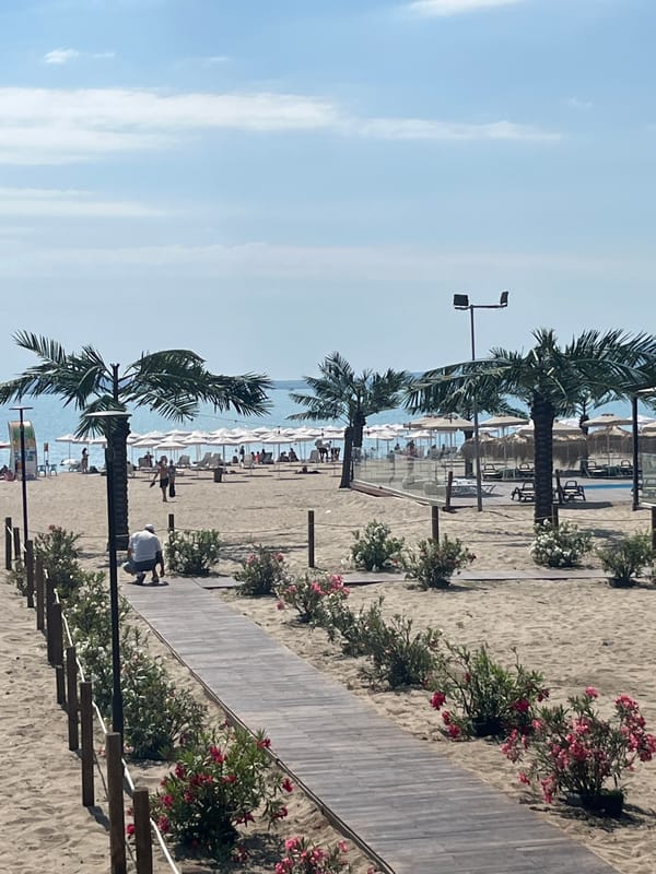 Burgas waterfront: busy beach, port activity, cargo ship docking