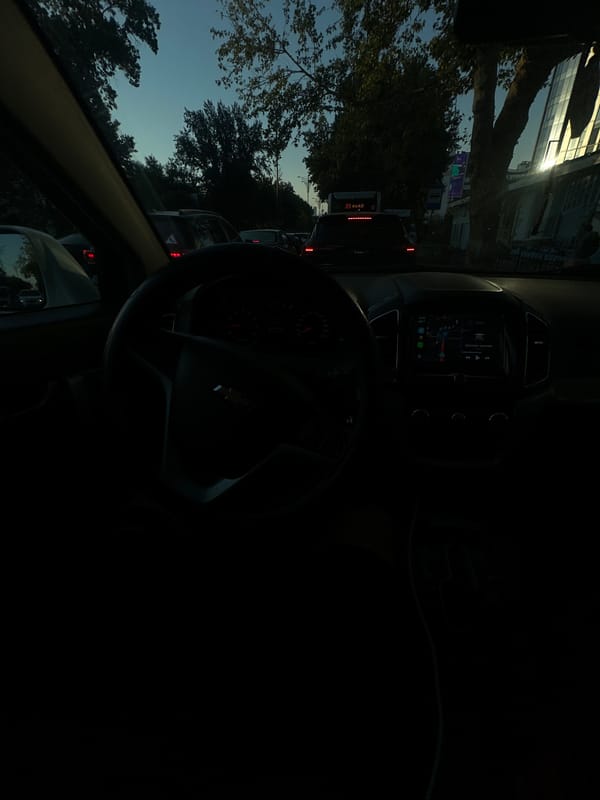 Sitting in Tashkent traffic at dusk, tree-lined street ahead