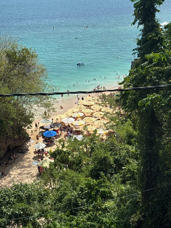 Crowded beach day in Kuta Selatan, with a monkey loose nearby