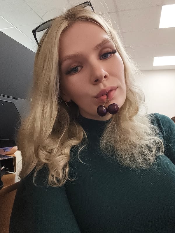 Close-up selfie with cherries, dark green turtleneck, curly hair.