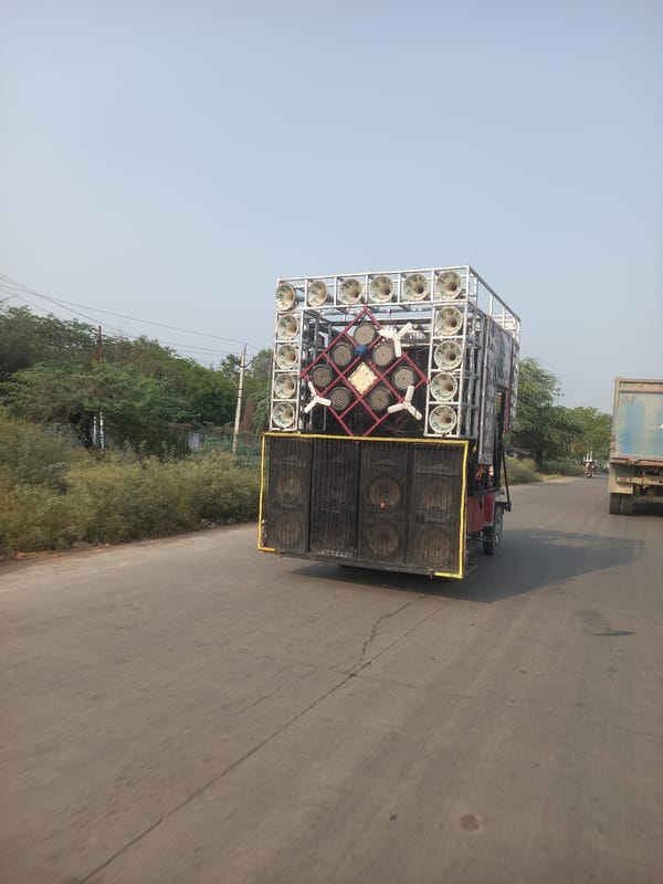 Sound system truck, motorcycle spotted on Orai road