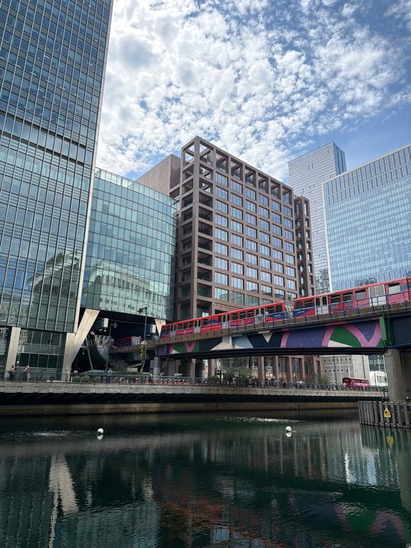 Canary Wharf dockside and station on a summer afternoon