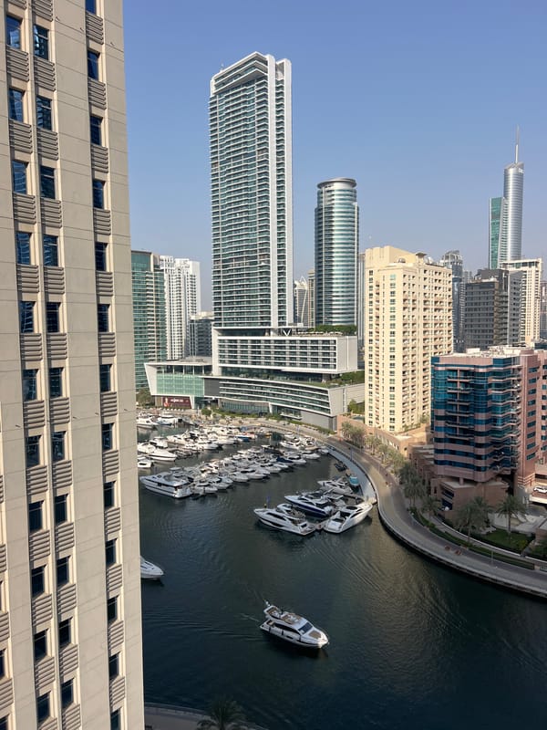 Dubai Marina packed with white yachts on a clear day