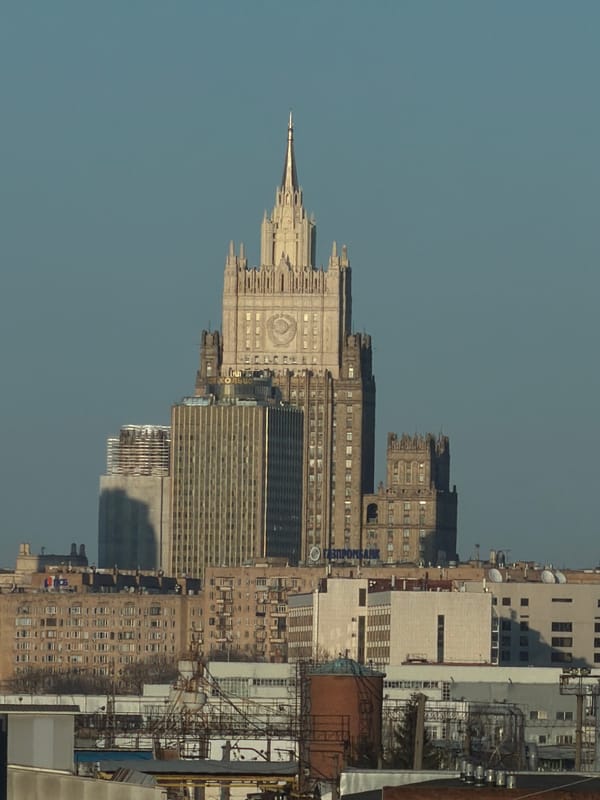 Moscow cityscape features Ministry of Foreign Affairs Stalinist skyscraper