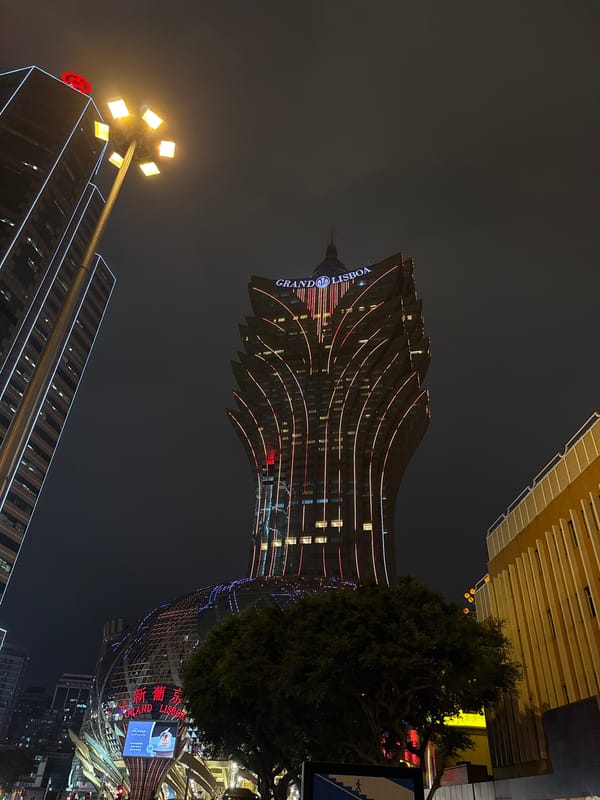 Nighttime casino district activity documented in Macau