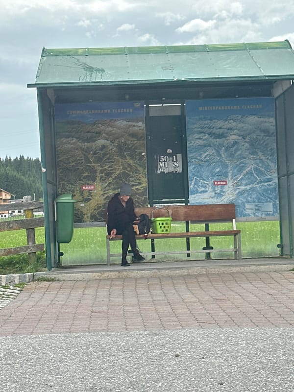 Bus stop and countryside glimpses in overcast Flachau