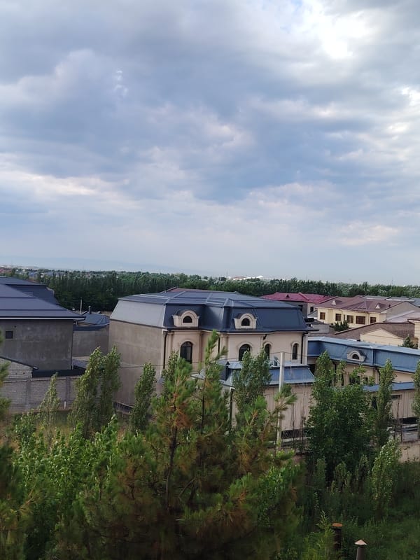 Cloudy day over tree-lined residential Argin, mountains in the background
