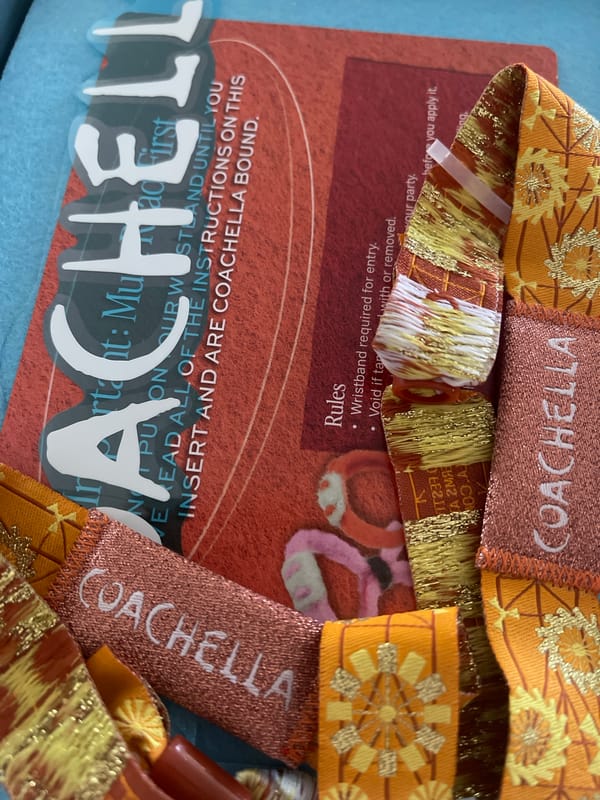 Coachella wristband photographed with instructions in Palm Springs