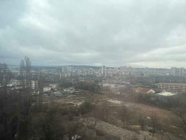 Overcast Sofia cityscape with construction debris photographed