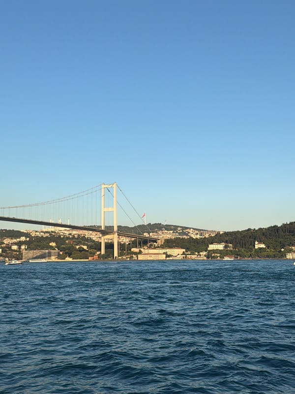 Bosphorus waterfront view with mosque and Fatih Sultan Mehmet Bridge