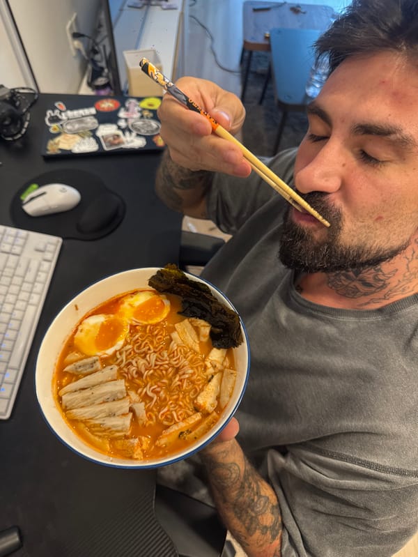 Tattooed man enjoys ramen breakfast, takes selfies in Bangkok apartment