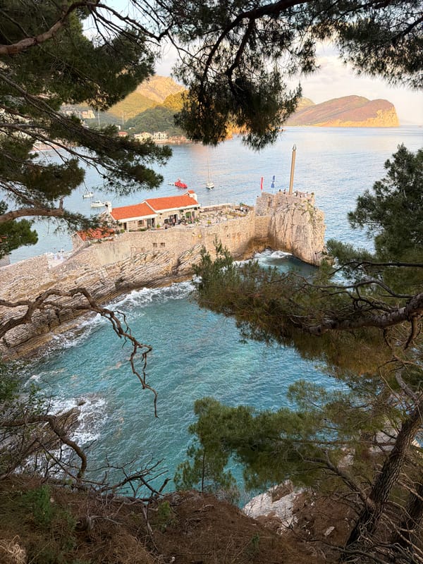 Dog walker and landscape views captured in Petrovac, Montenegro